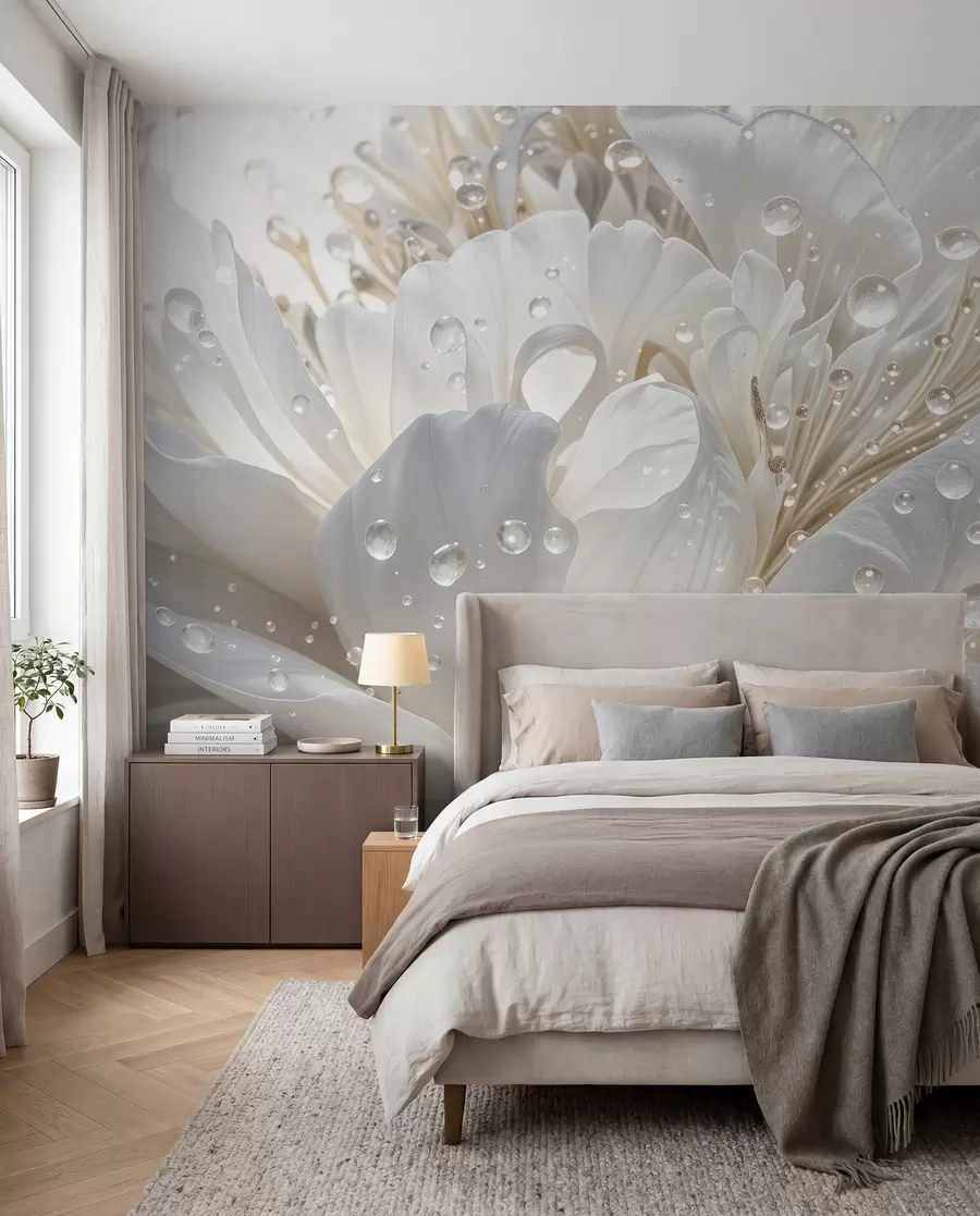 Carta da parati 3D Fiori Primo piano di un fiore di peonia bianco con petali delicati e gocce d'acqua n. w08262