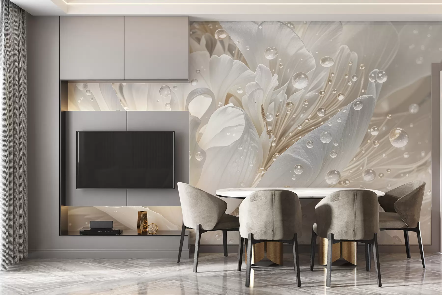 Carta da parati 3D Fiori Primo piano di un fiore di peonia bianco con petali delicati e gocce d'acqua n. w08262