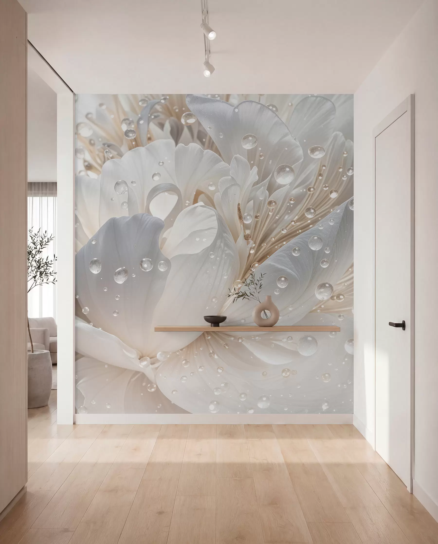 Carta da parati 3D Fiori Primo piano di un fiore di peonia bianco con petali delicati e gocce d'acqua n. w08262