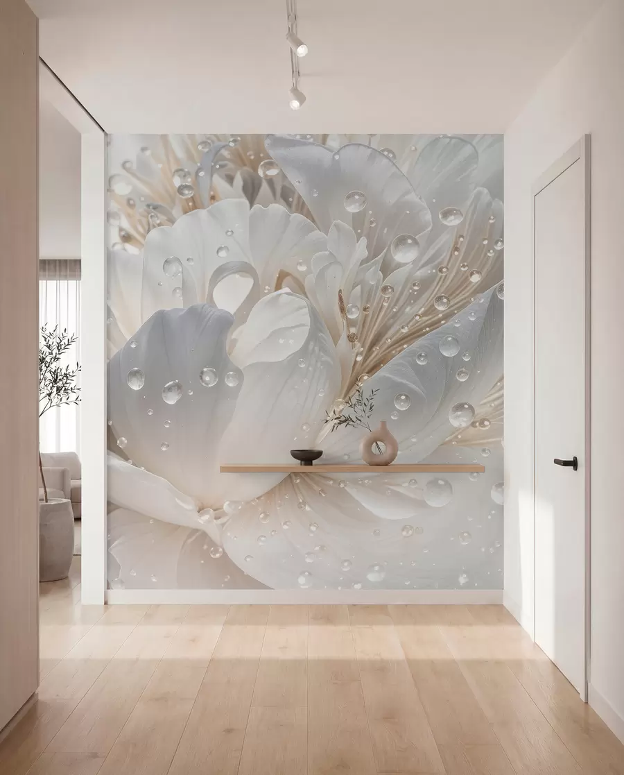 Carta da parati 3D Fiori Primo piano di un fiore di peonia bianco con petali delicati e gocce d'acqua n. w08262