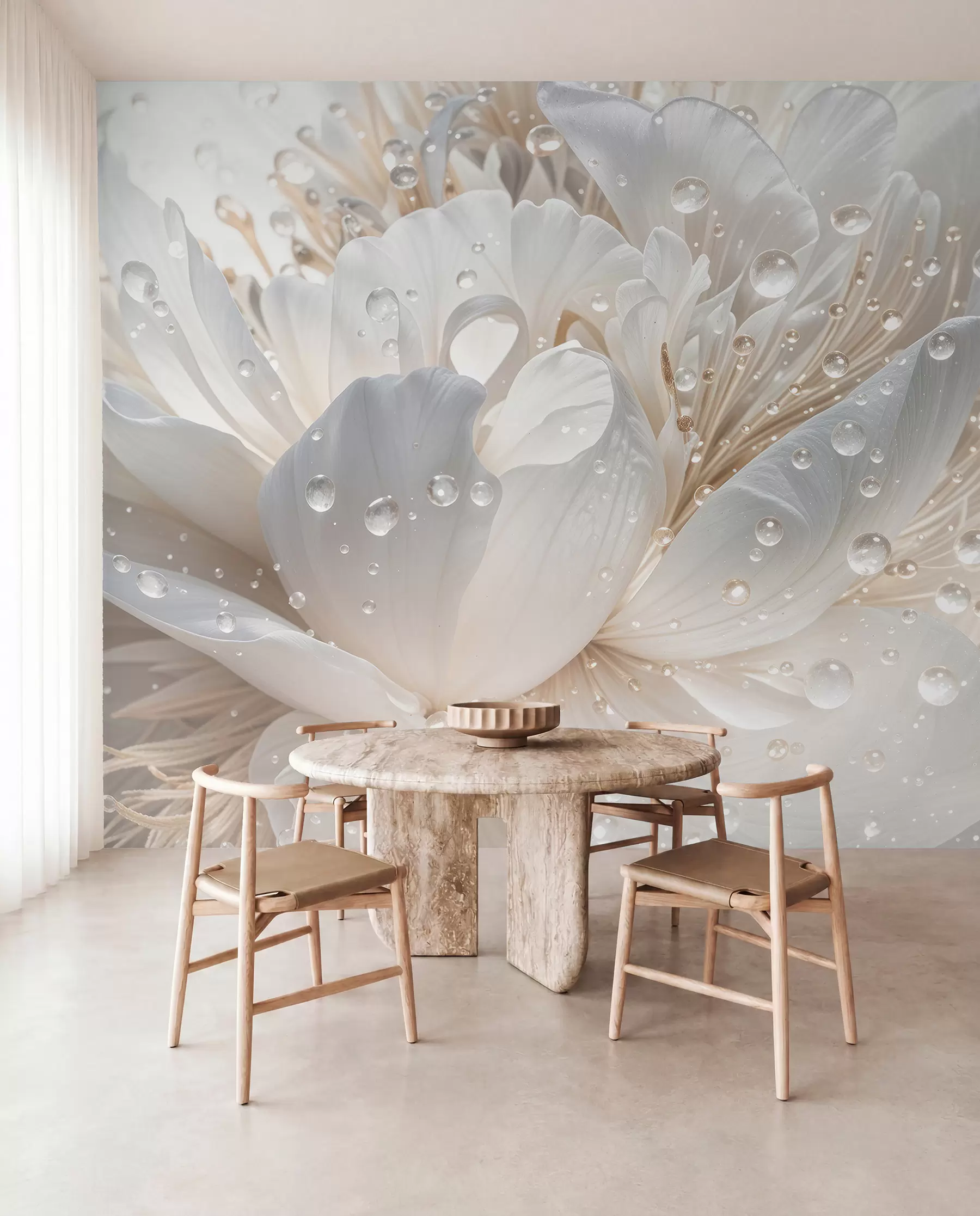 Carta da parati 3D Fiori Primo piano di un fiore di peonia bianco con petali delicati e gocce d'acqua n. w08262