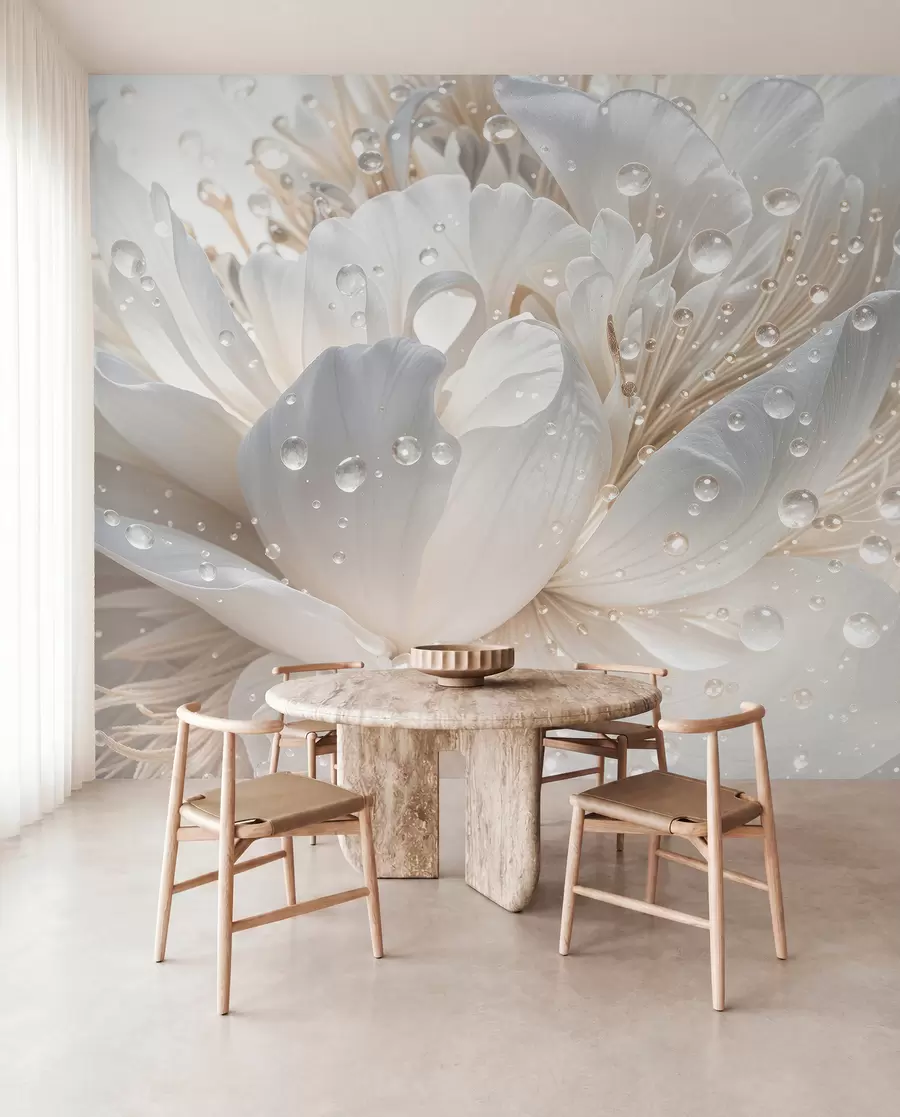 Carta da parati 3D Fiori Primo piano di un fiore di peonia bianco con petali delicati e gocce d'acqua n. w08262