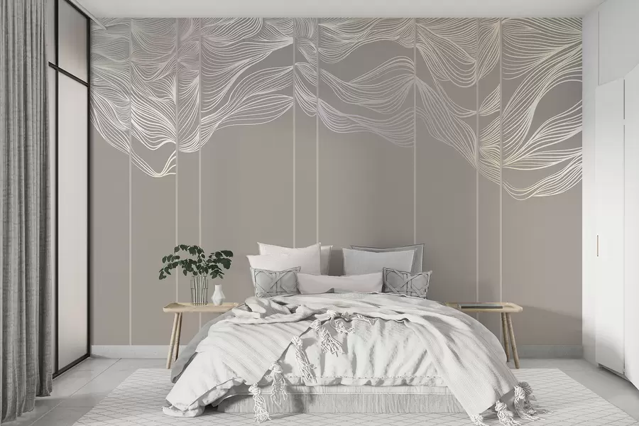 carta da parati Onde astratte bianche fluenti su sfondo marrone chiaro nr. w08263