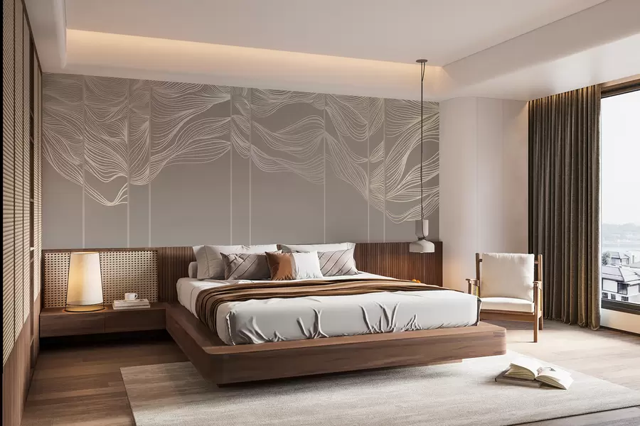 carta da parati Onde astratte bianche fluenti su sfondo marrone chiaro nr. w08263