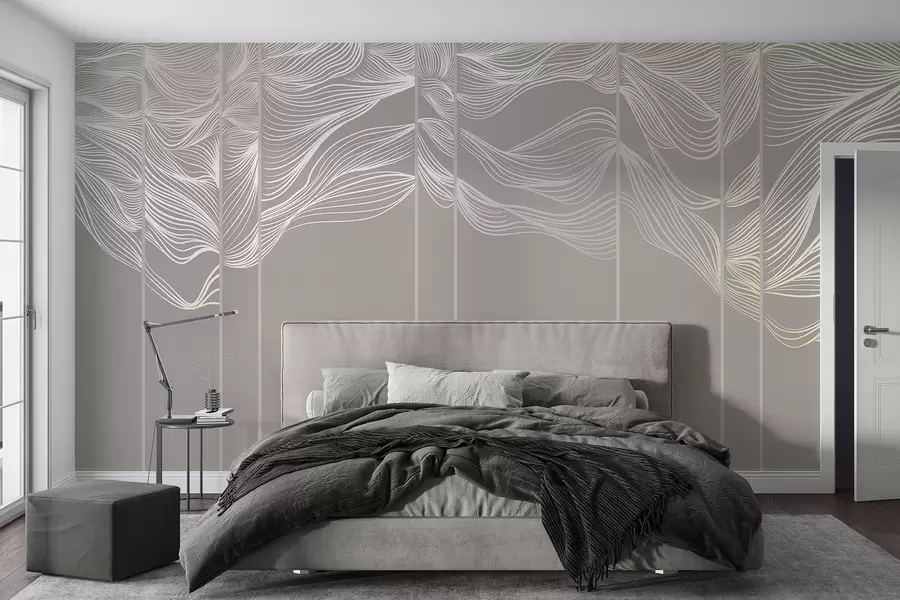 carta da parati Onde astratte bianche fluenti su sfondo marrone chiaro nr. w08263