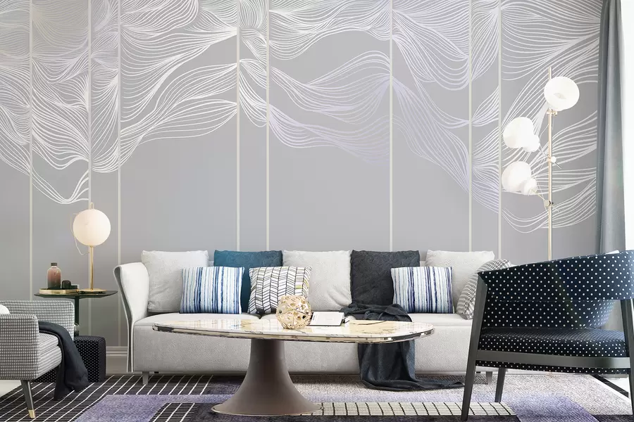 Carta da parati Moderno Onde astratte bianche fluenti su uno sfondo grigio chiaro n. w08263v1