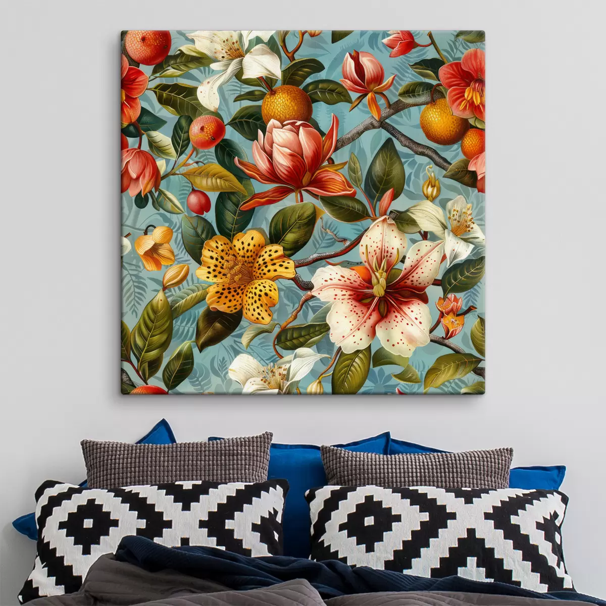 carta da parati Composizione tropicale con vari fiori verdi e tropicali su sfondo blu nr. s40665