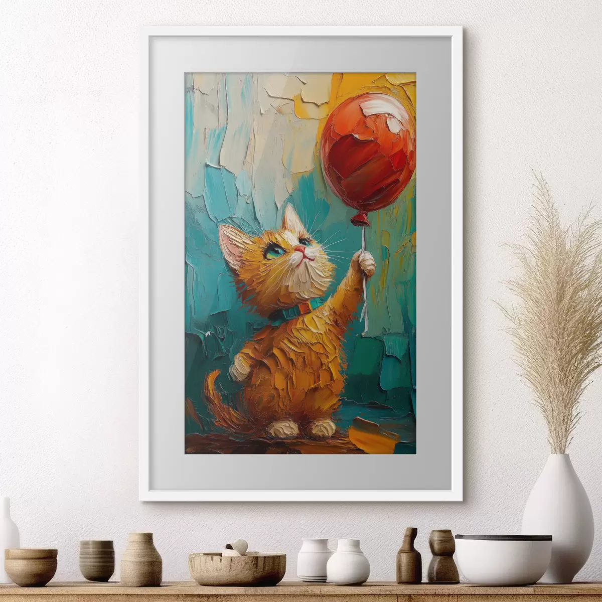 Poster Gatto rosso tiene in mano un palloncino, imitazione di un dipinto a olio f40649