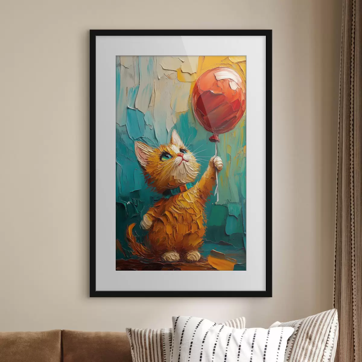 Poster Gatto rosso tiene in mano un palloncino, imitazione di un dipinto a olio f40649