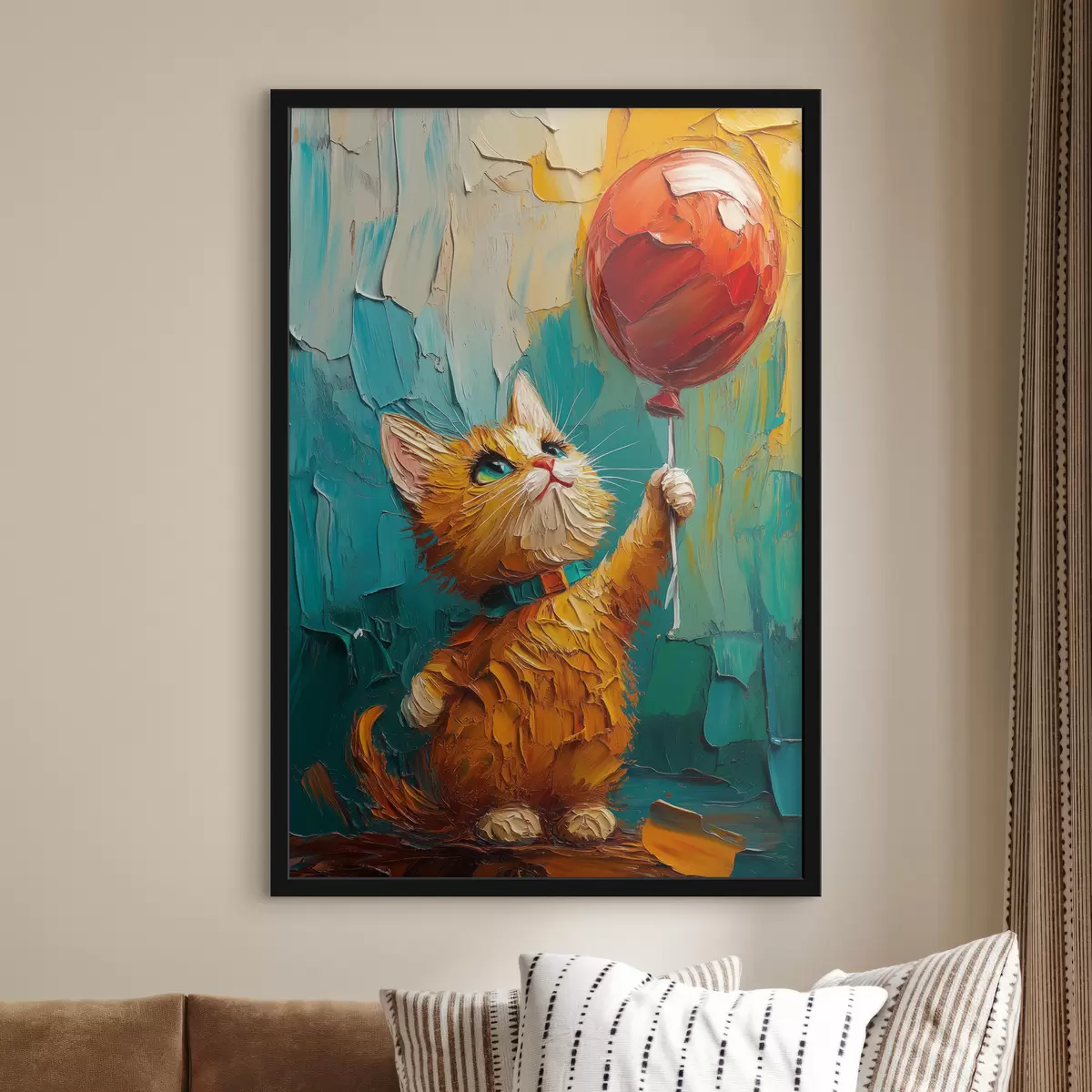 Poster Gatto rosso tiene in mano un palloncino, imitazione di un dipinto a olio f40649