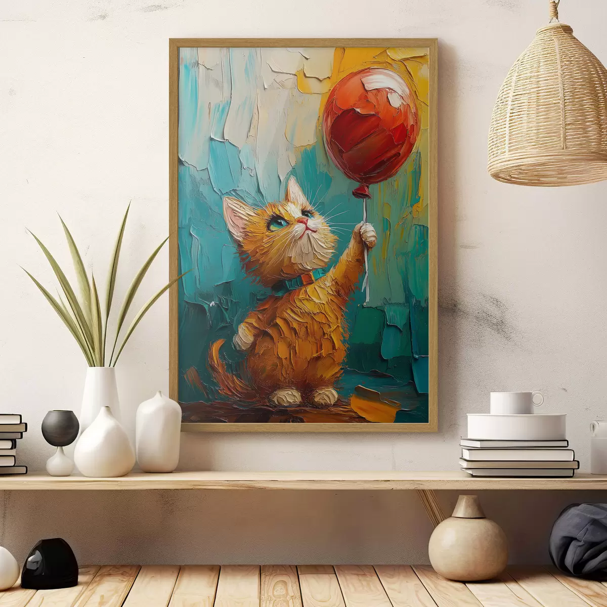 Poster Gatto rosso tiene in mano un palloncino, imitazione di un dipinto a olio f40649