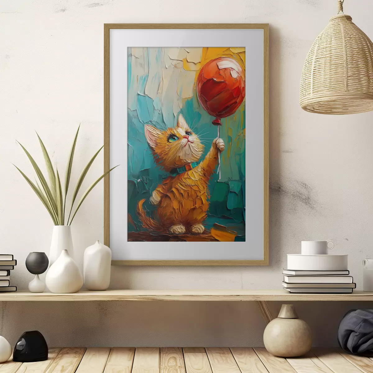 Poster Gatto rosso tiene in mano un palloncino, imitazione di un dipinto a olio f40649