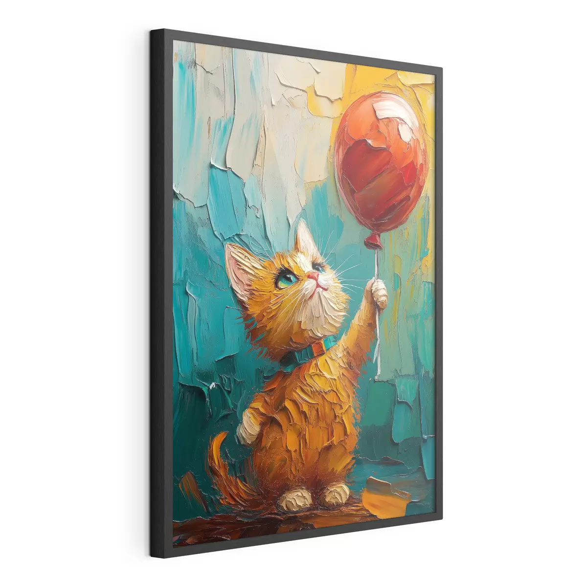 Poster Gatto rosso tiene in mano un palloncino, imitazione di un dipinto a olio f40649