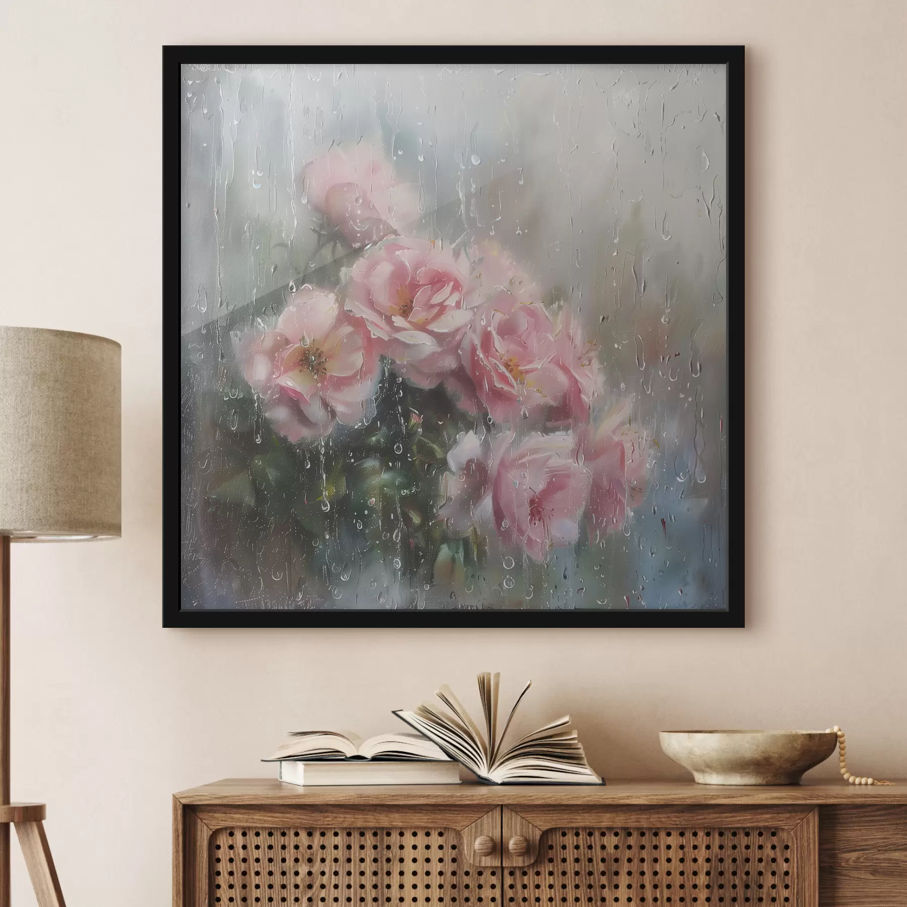 carta da parati Un bouquet di rose rosa fuori dalla finestra in un tempo piovoso nr. f40656