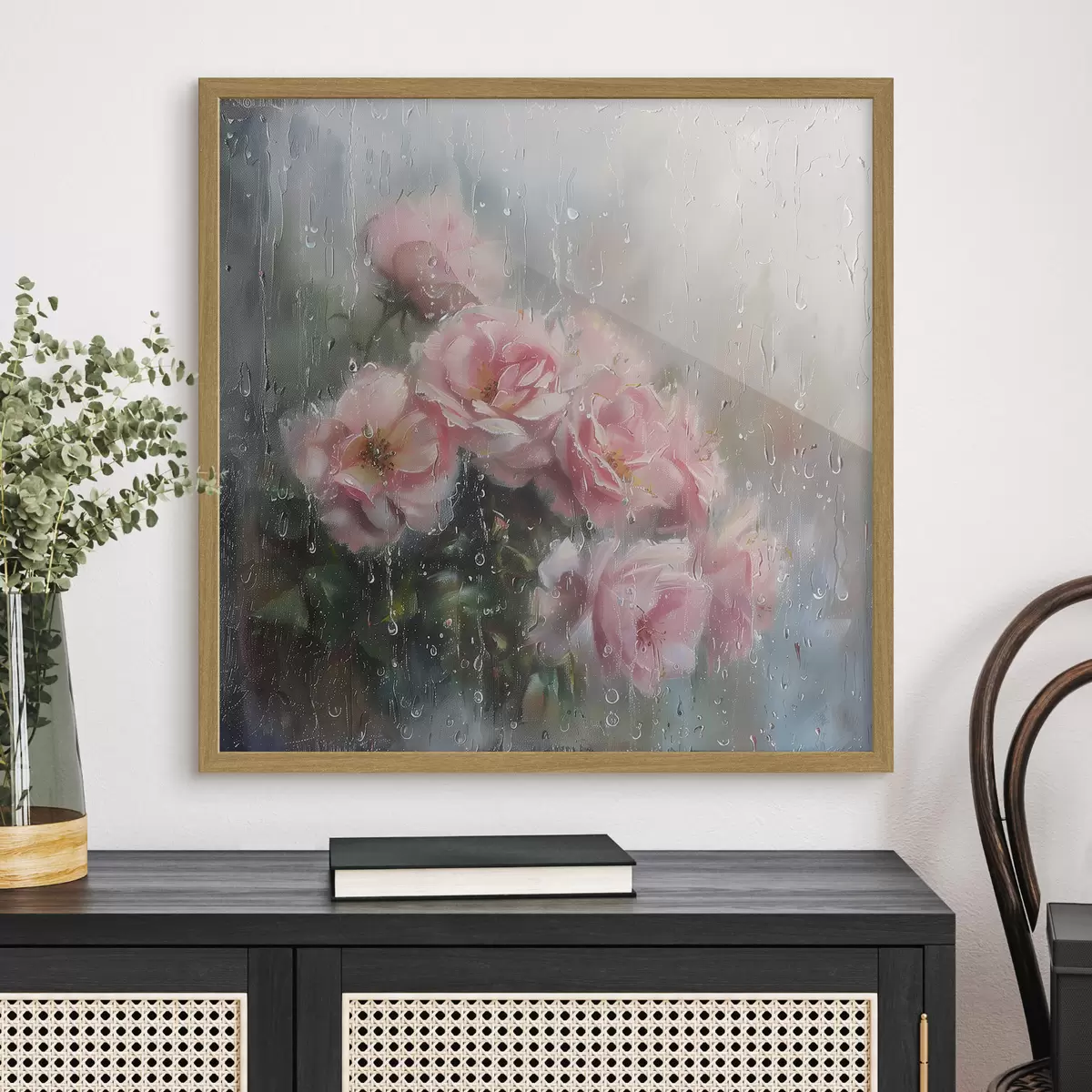 Poster Un bouquet di rose rosa fuori dalla finestra in un tempo piovoso f40656