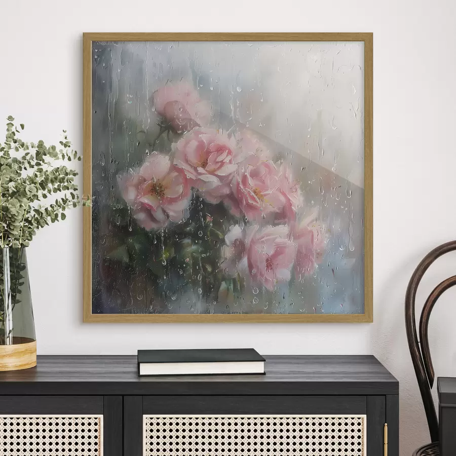 carta da parati Un bouquet di rose rosa fuori dalla finestra in un tempo piovoso nr. f40656