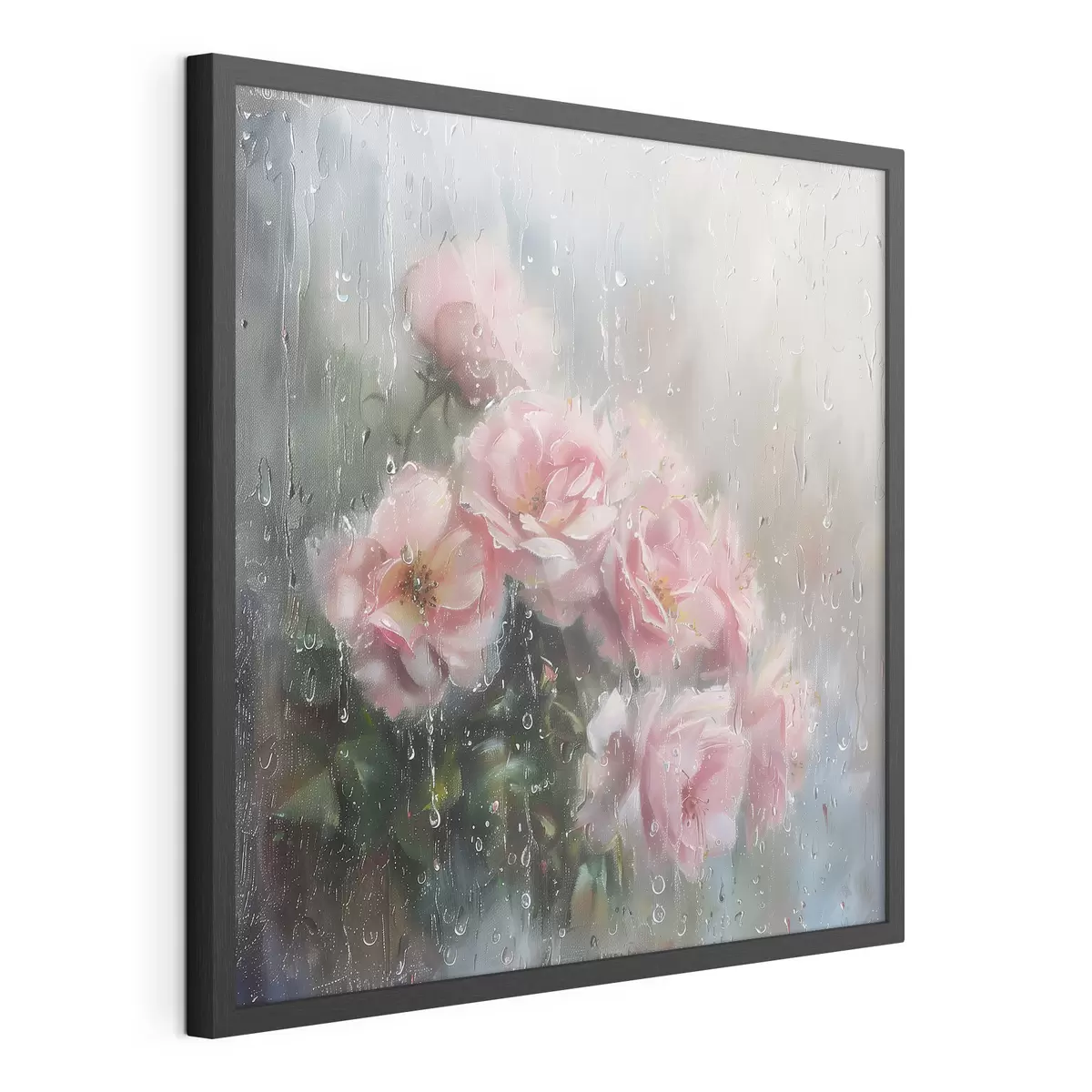 Poster Un bouquet di rose rosa fuori dalla finestra in un tempo piovoso f40656