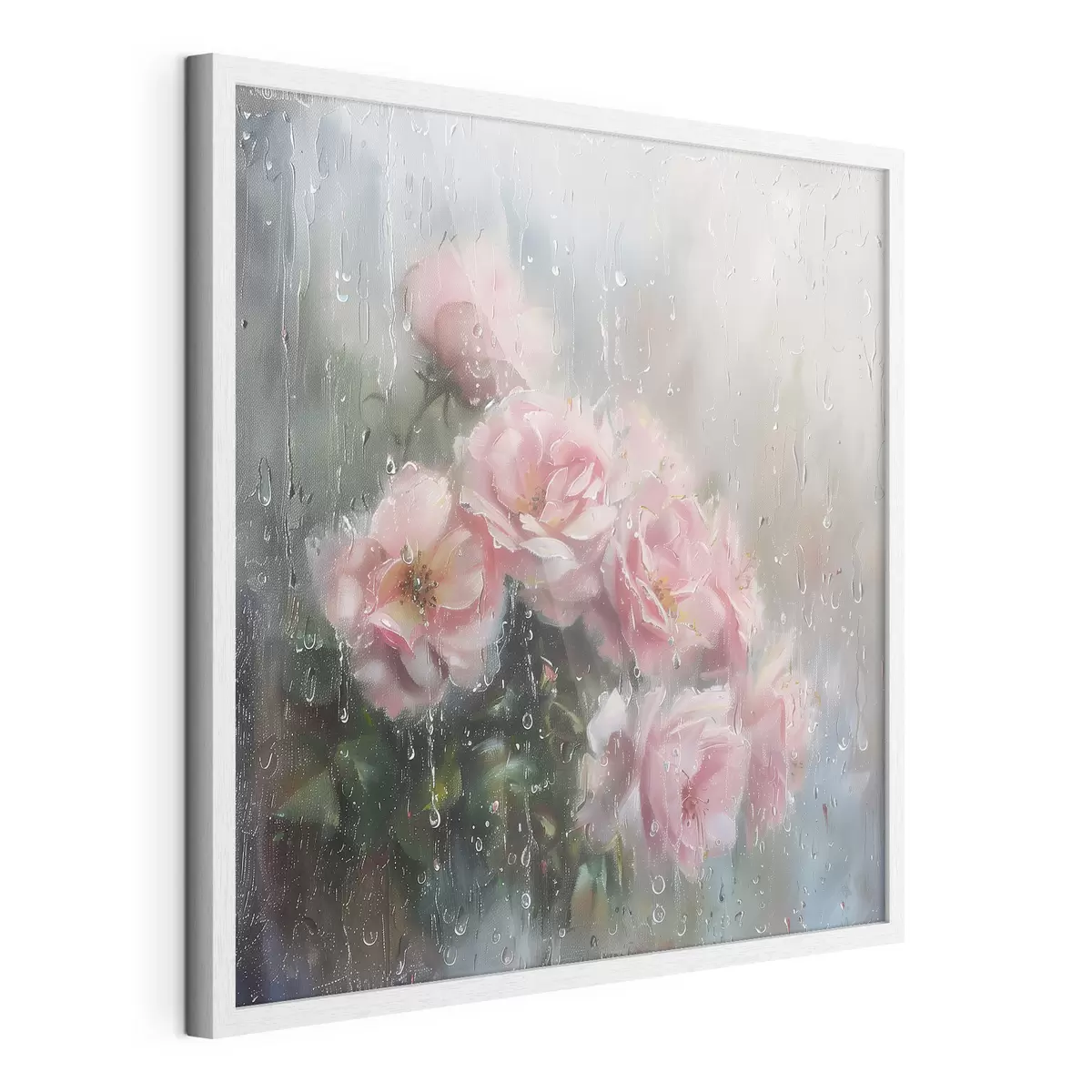 Poster Un bouquet di rose rosa fuori dalla finestra in un tempo piovoso f40656