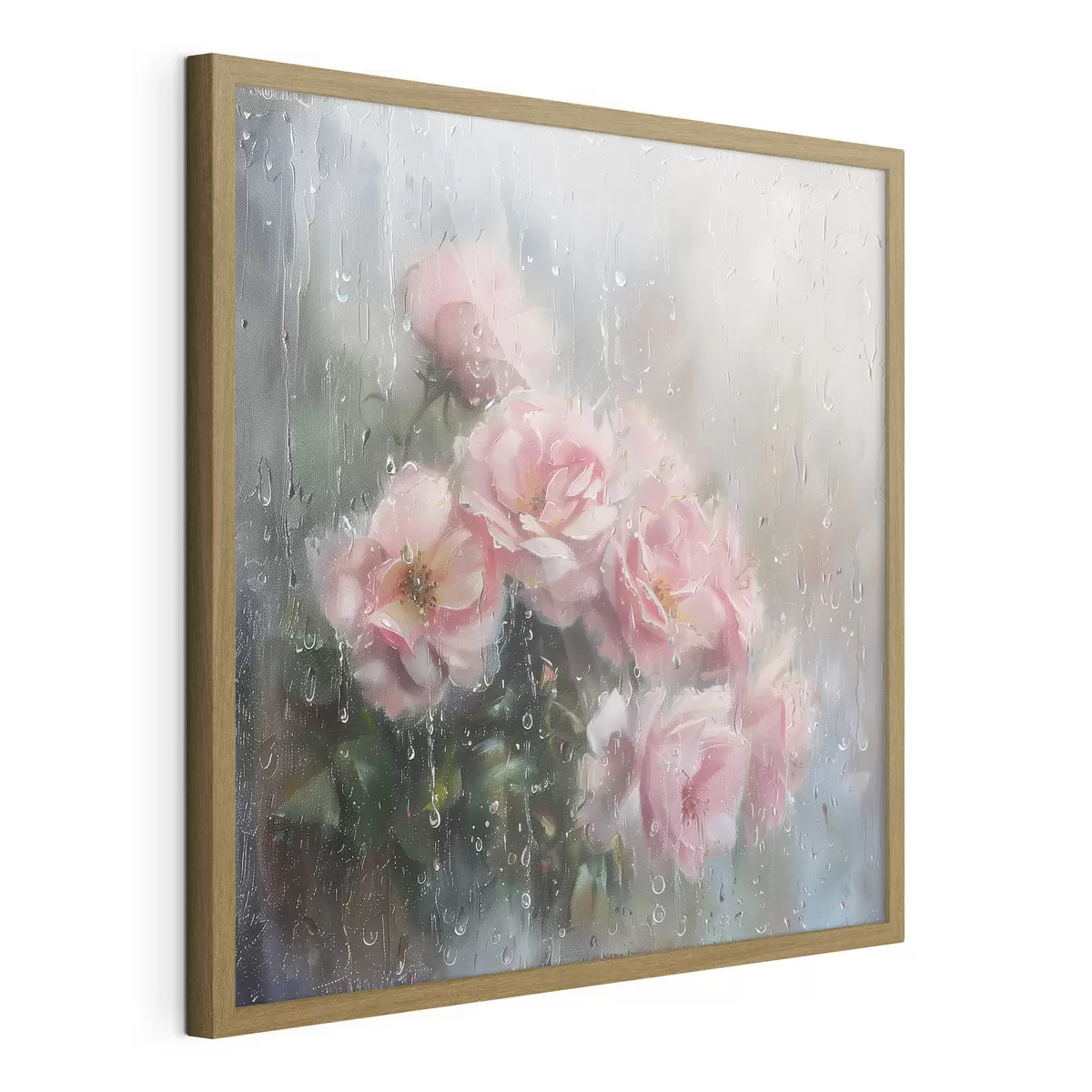 Poster Un bouquet di rose rosa fuori dalla finestra in un tempo piovoso f40656