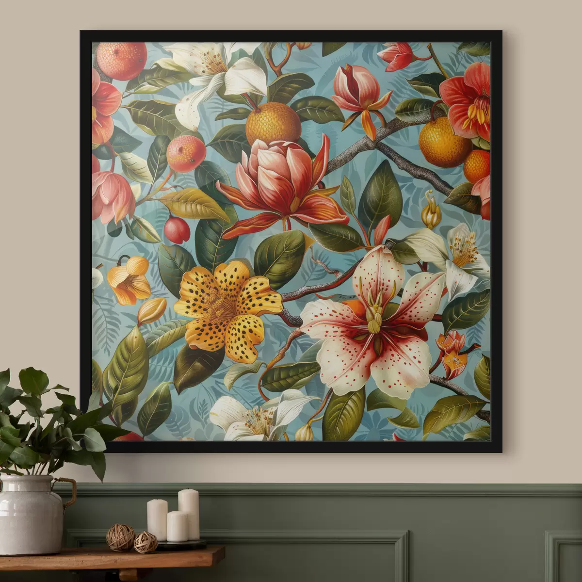 Poster Composizione tropicale con vari fiori verdi e tropicali su sfondo blu f40665