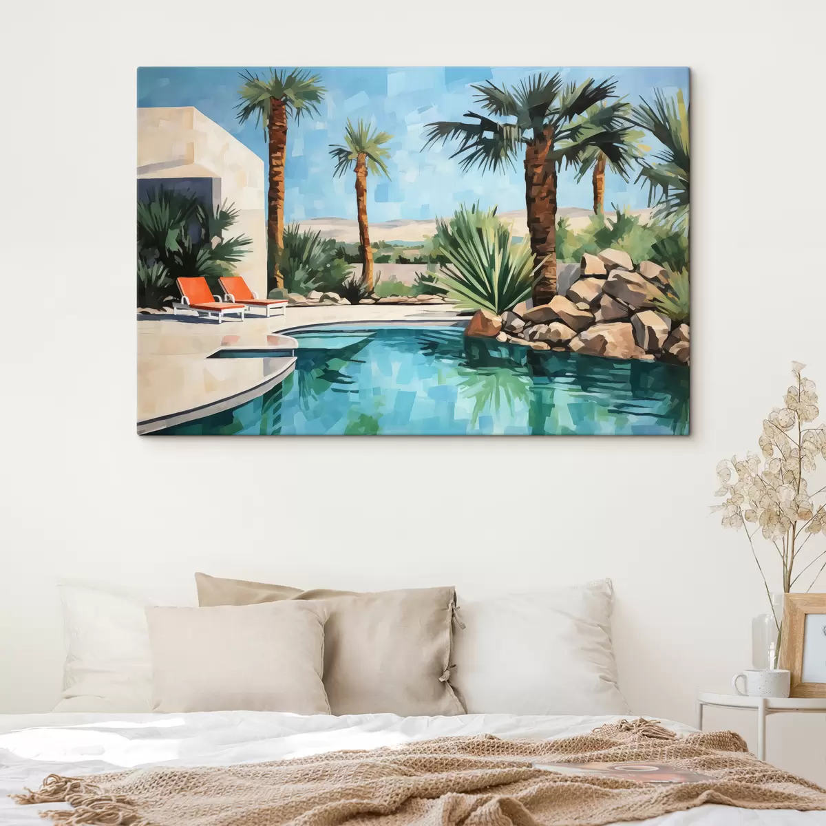 carta da parati Palme vicino all'hotel con piscina vicino alle rocce, colore blu, verde, rosso nr. s40748