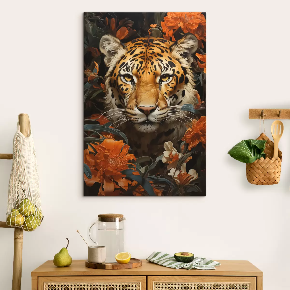 carta da parati Ritratto di una tigre circondata da fiori tropicali nr. s40757