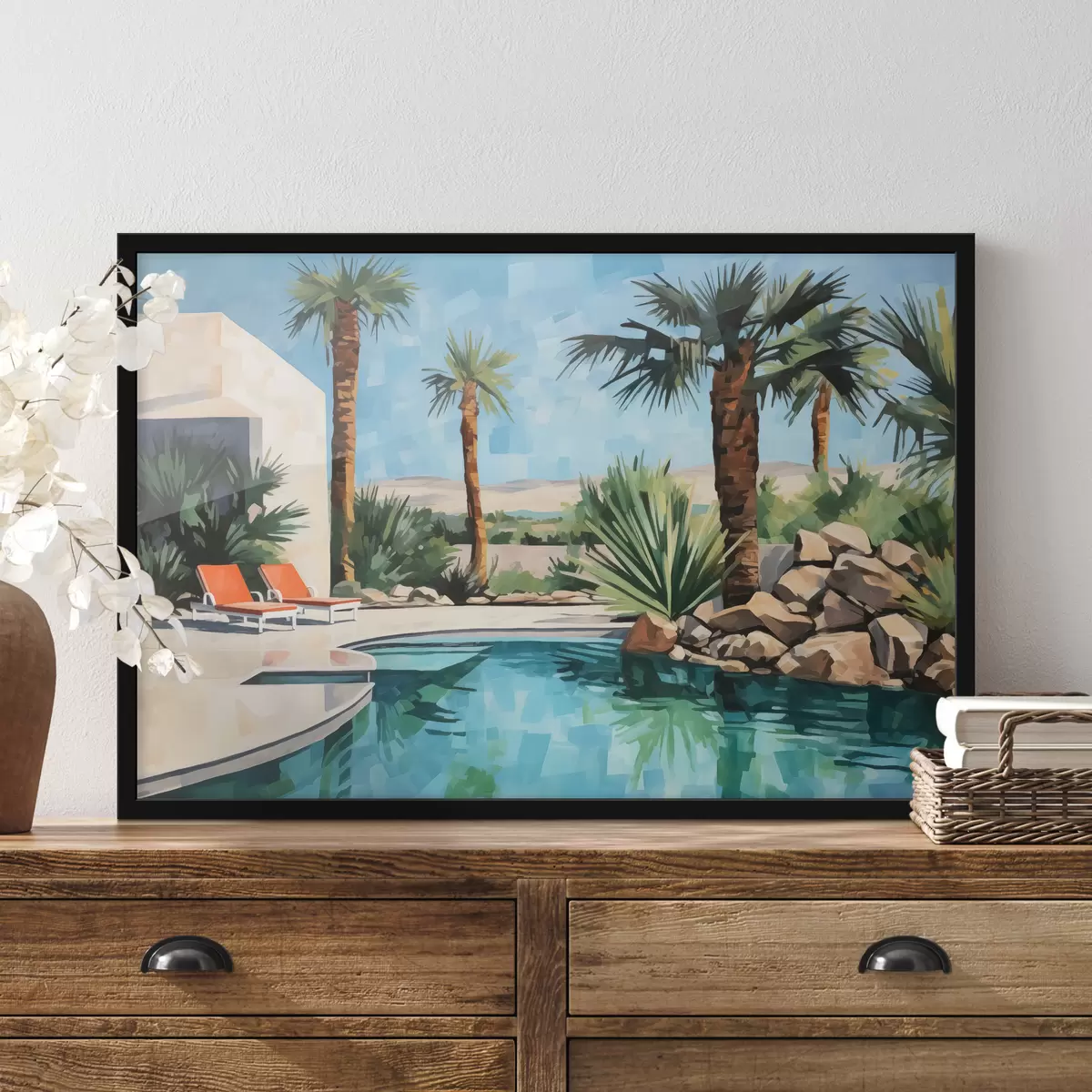 Poster Palme vicino all'hotel con piscina vicino alle rocce, colore blu, verde, rosso f40748