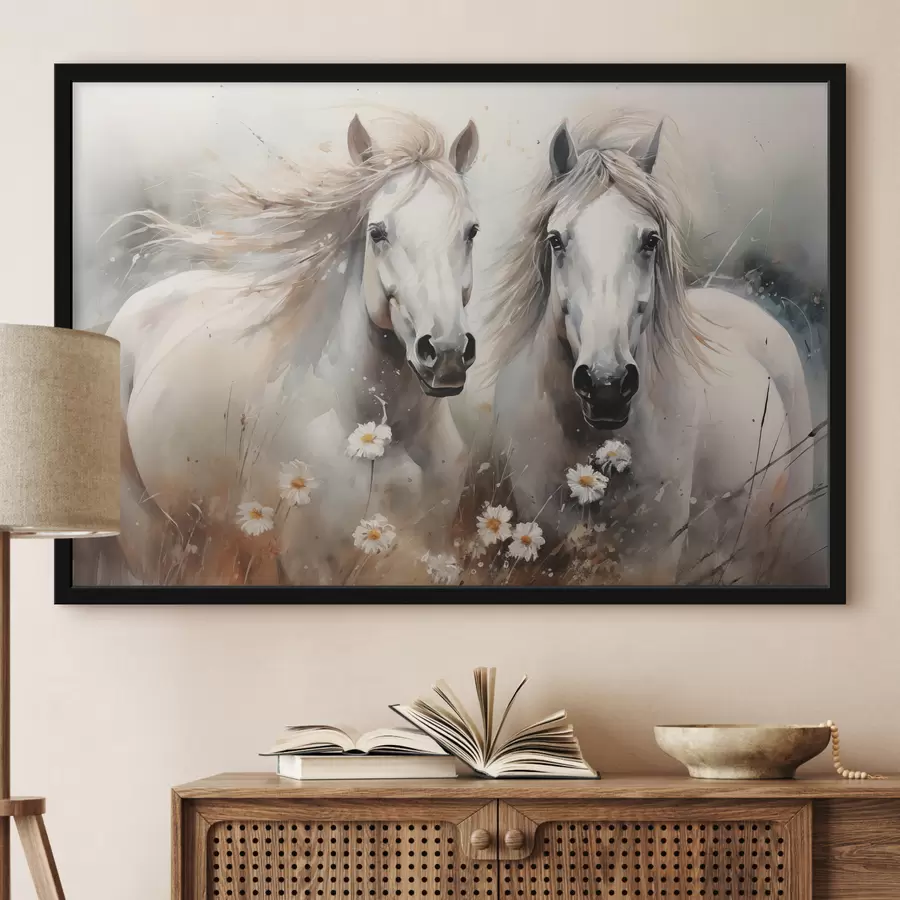 carta da parati Una coppia di cavalli bianchi e grigi vicino a delle margherite nr. f40749