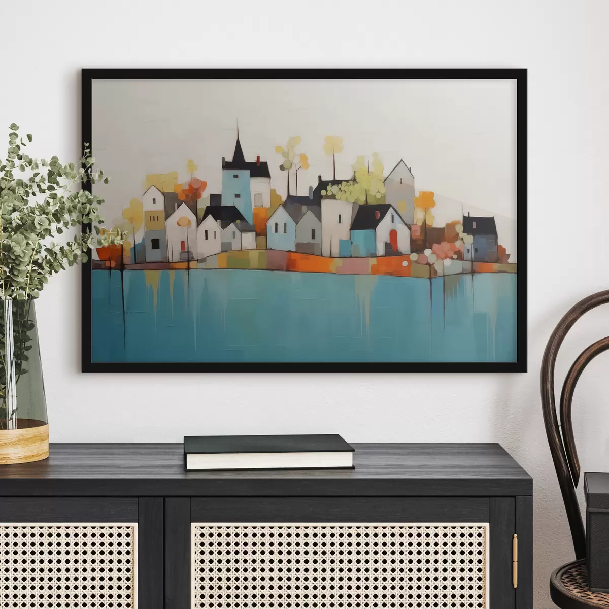 Poster Città astratta e case, colore blu, giallo, rosso f40751