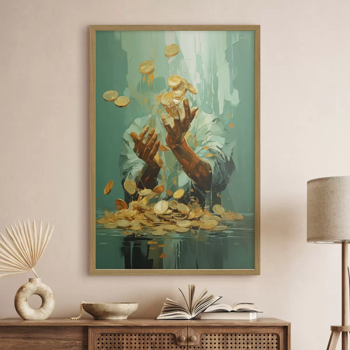 Poster Quadro astratto di un uomo circondato da monete d'oro f40755