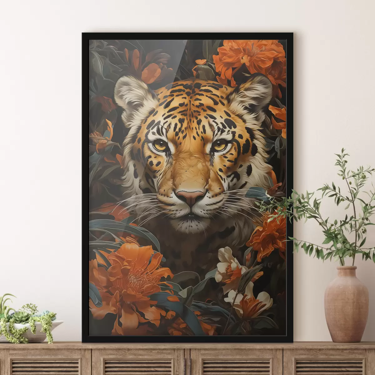 Poster Ritratto di una tigre circondata da fiori tropicali f40757