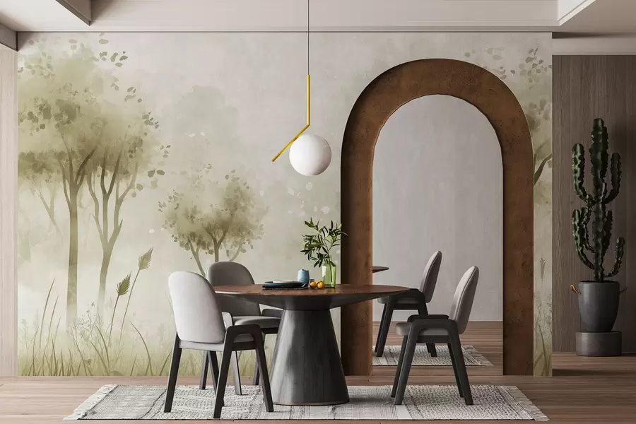 Carta da parati nature Acquerello foresta con erba e alberi, colore verde 