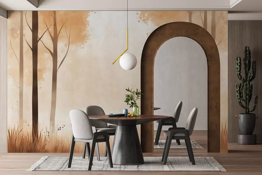 Carta da parati nature Acquerello foresta, nebbia, alberi, erba, paesaggio naturale, colore beige 