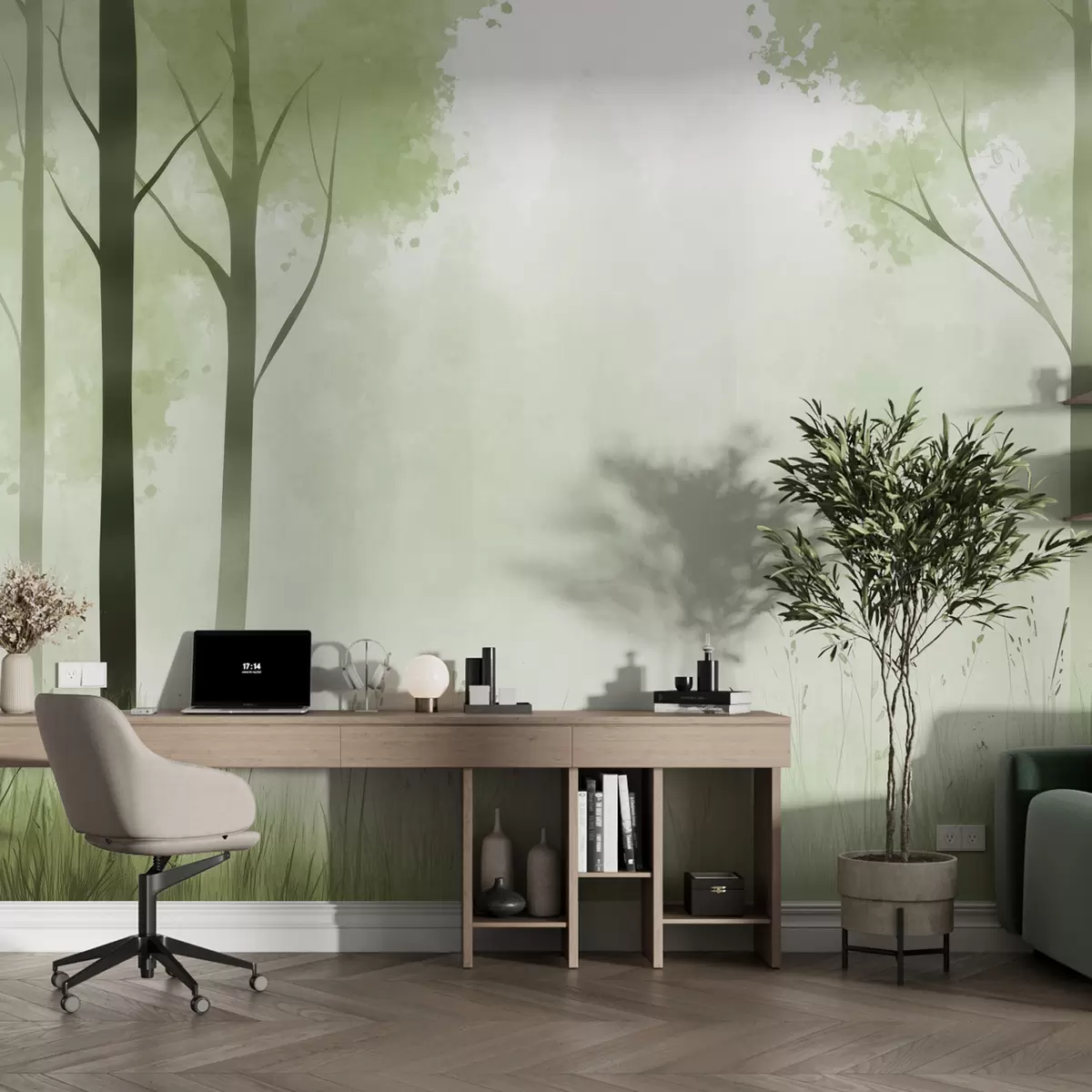 carta da parati Acquerello foresta, nebbia, alberi, erba, paesaggio naturale, colore verde nr. w01563v2