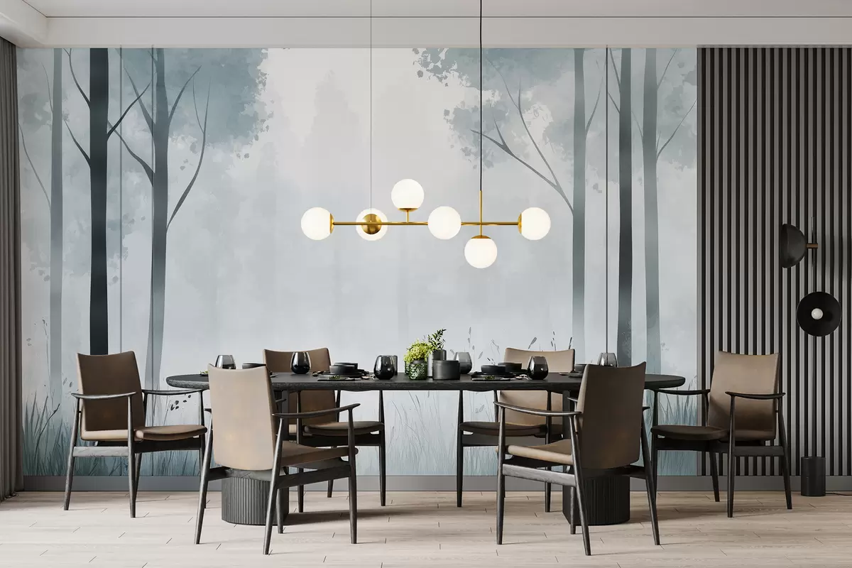 carta da parati Acquerello foresta, nebbia, alberi, erba, paesaggio naturale, colore grigio nr. w01563v3