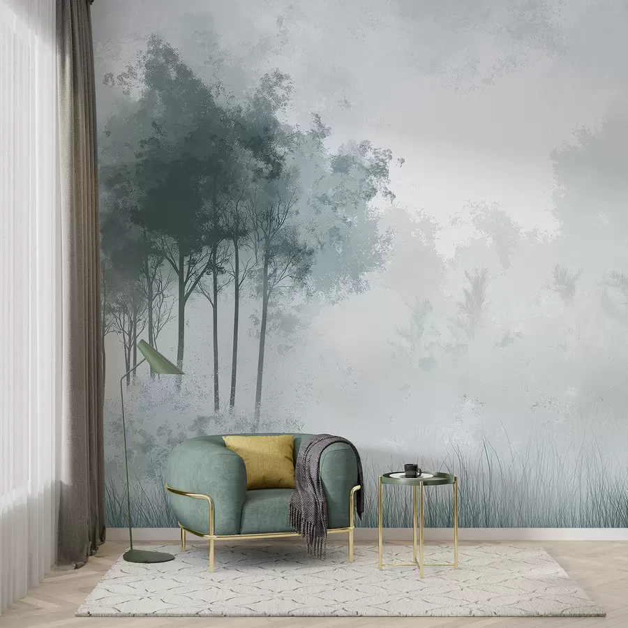 Carta da parati Foresta Nebbiosa Paesaggi naturali, alberi nella foresta, texture grunge, colori grigi n. w01564v1
