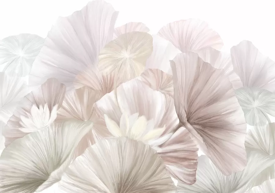 Carta da parati 3D Fiori Delicate foglie di loto rosa con fiori bianchi dai petali morbidi e piumosi disposti in una composizione artistica naturale n. w08265v1