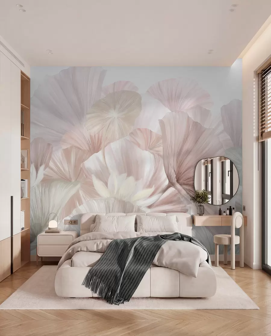 Carta da parati 3D Fiori Delicate foglie di loto rosa con fiori bianchi dai petali morbidi e piumosi disposti in una composizione artistica naturale n. w08265v1