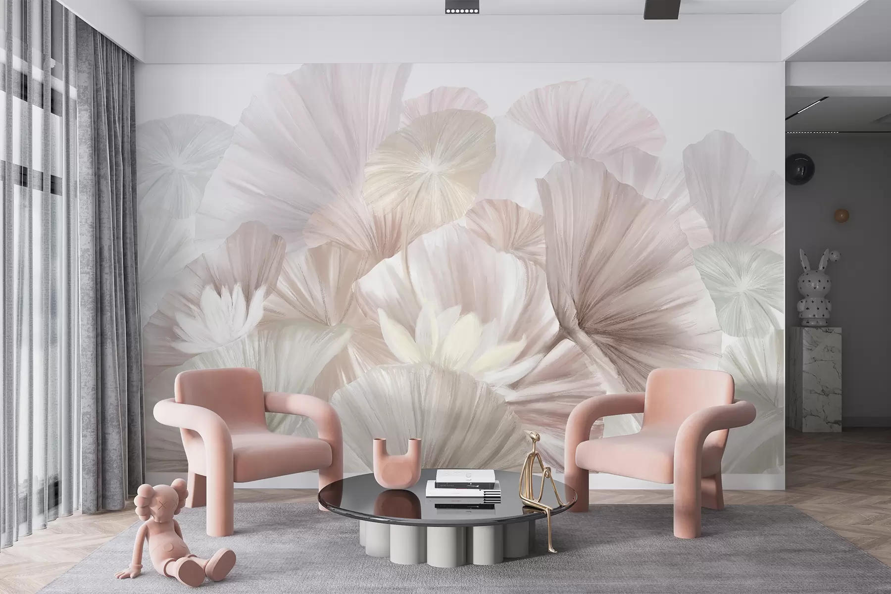 Carta da parati 3D Fiori Delicate foglie di loto rosa con fiori bianchi dai petali morbidi e piumosi disposti in una composizione artistica naturale n. w08265v1