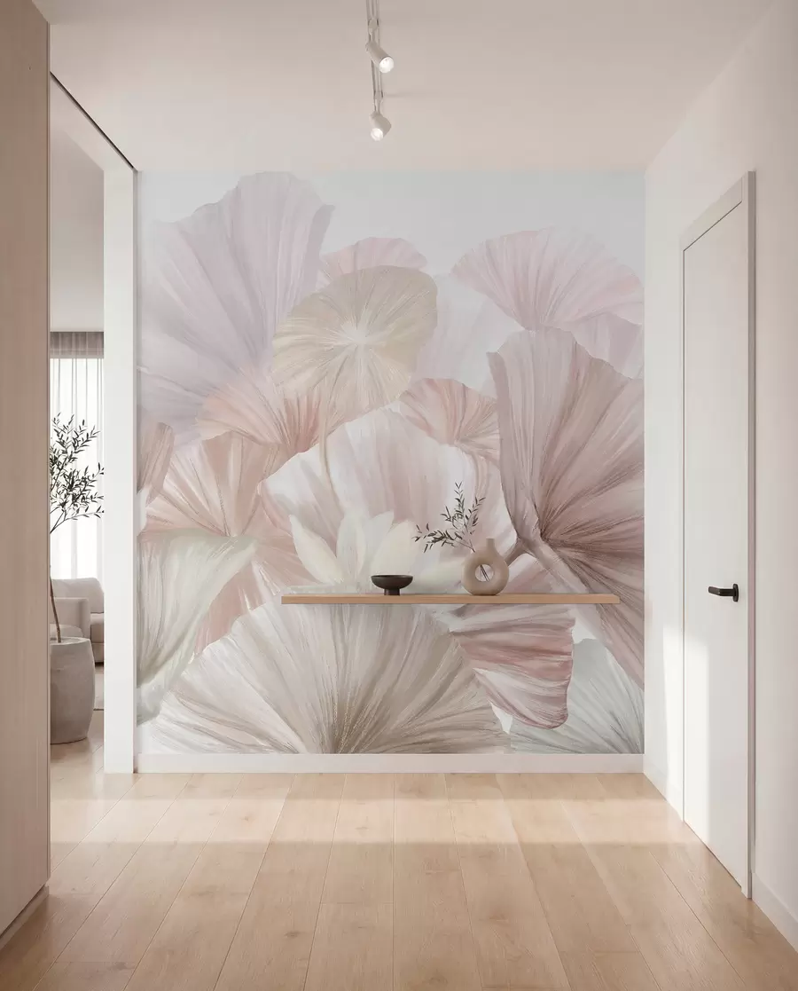 Carta da parati 3D Fiori Delicate foglie di loto rosa con fiori bianchi dai petali morbidi e piumosi disposti in una composizione artistica naturale n. w08265v1