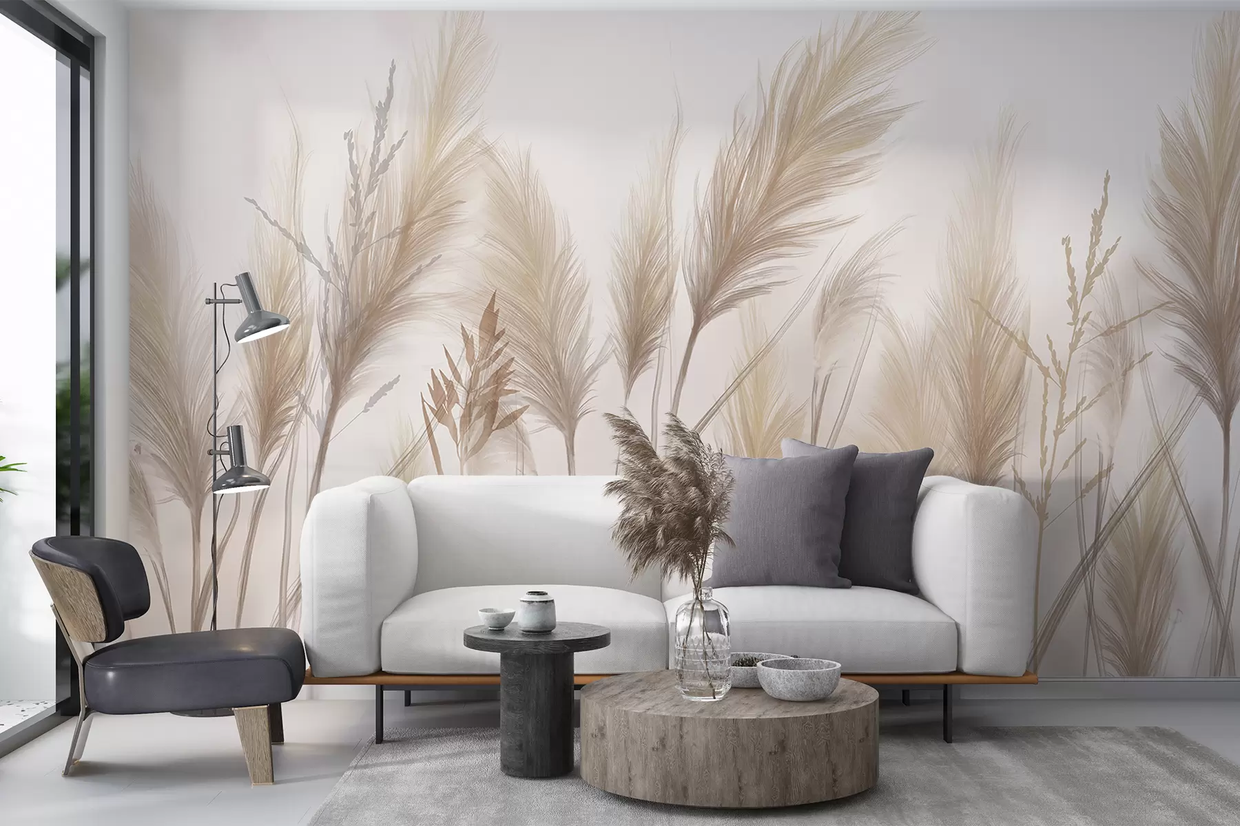 Carta da parati nature Fili d'erba alti e beige con spighe che ondeggiano al vento su uno sfondo morbido e chiaro 