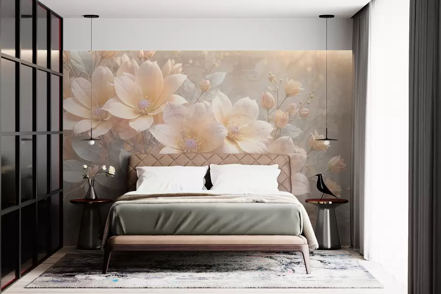 Carta da parati Floreale Fiori dai colori pastello con petali delicati su uno sfondo sfocato, che crea un'atmosfera serena n. w08273