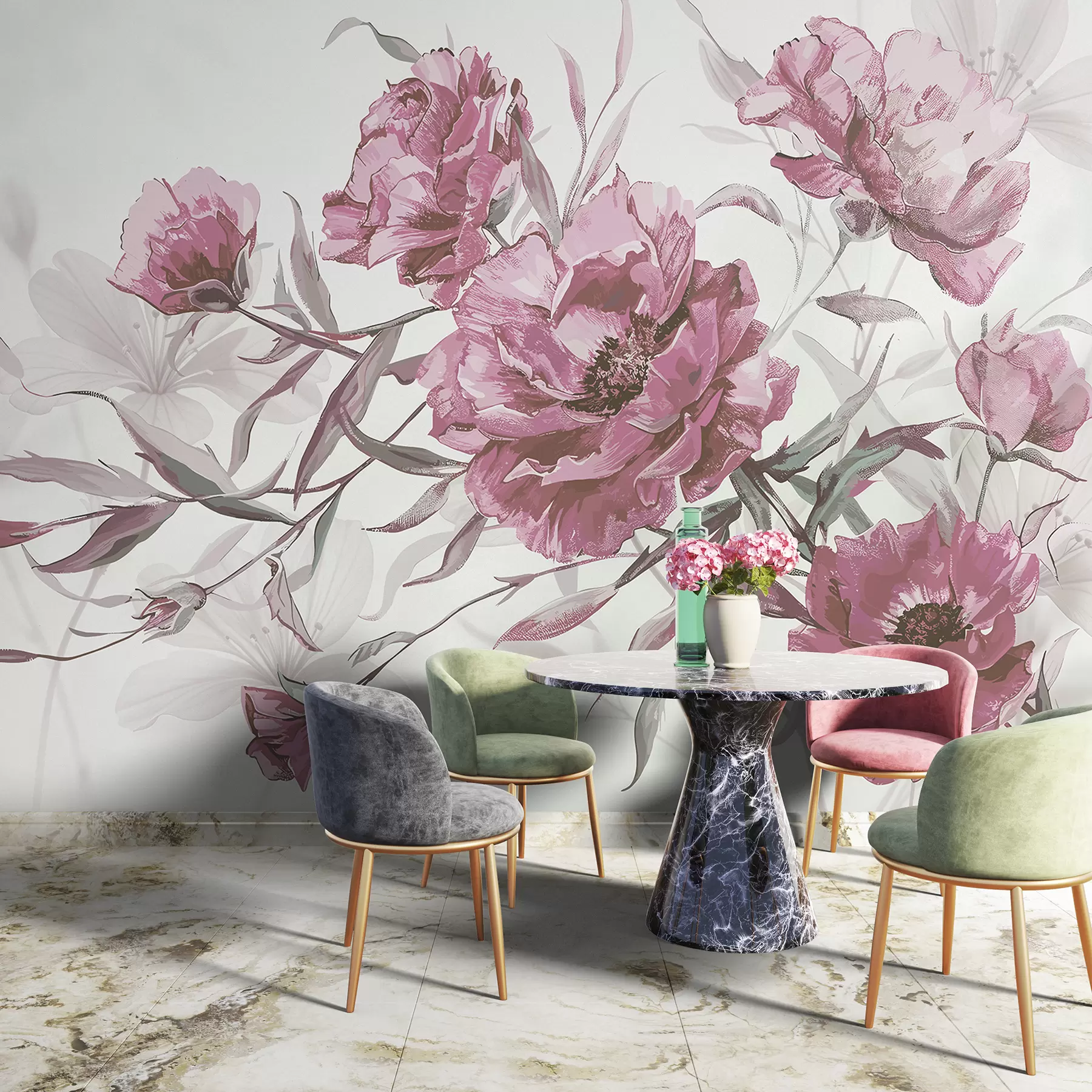 Carta da parati Floreale Quadro di peonie rosa con fogliame lussureggiante su un leggero sfondo astratto  n. w08274