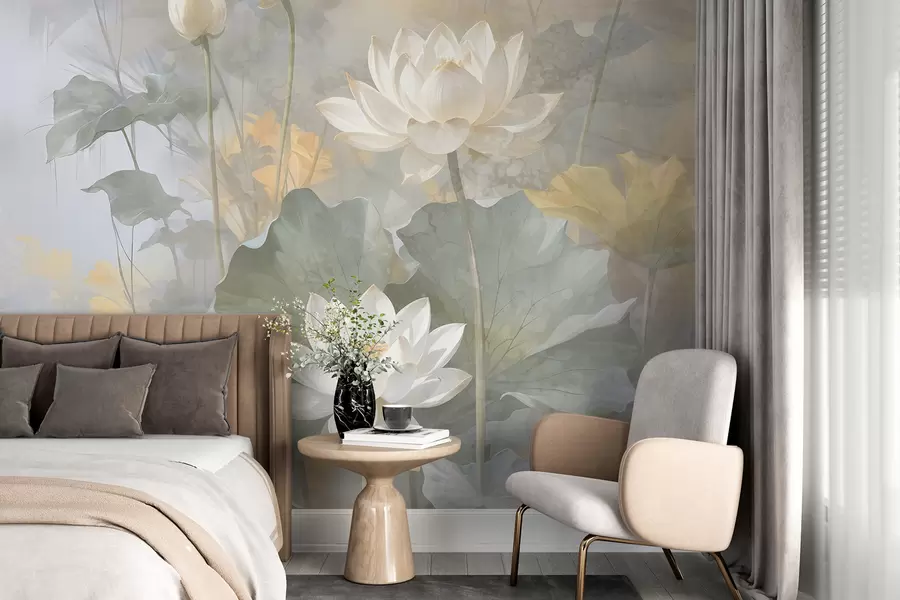 Carta da parati Floreale Fiori di loto bianchi con foglie in uno stagno con uno sfondo morbido e sfocato giallo e verde n. w08275