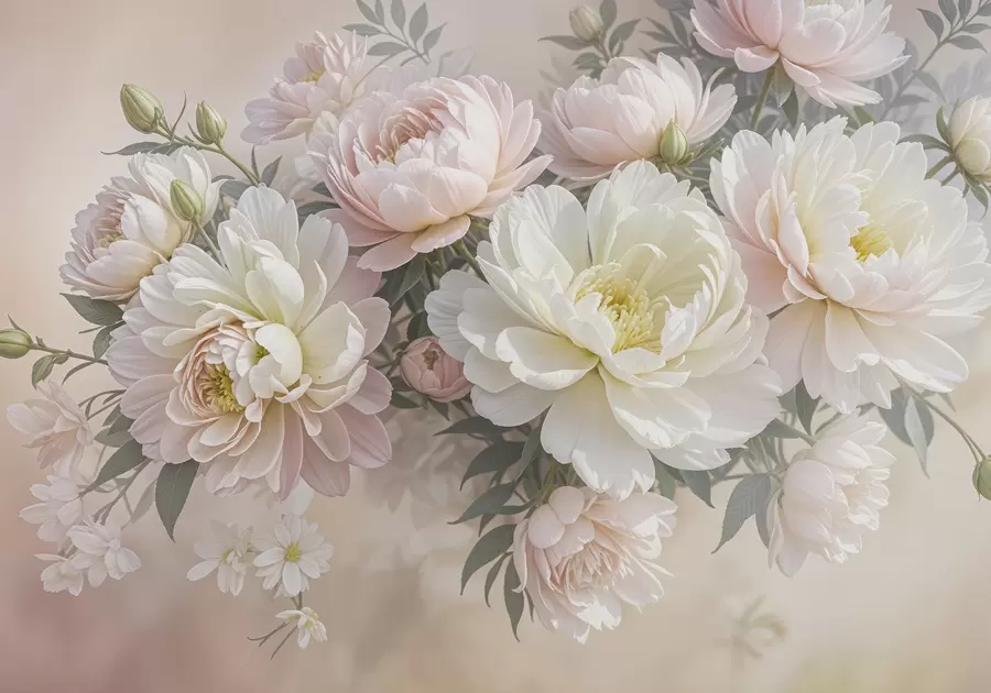 Carta da parati Fiori grandi Un bouquet di peonie e altri fiori dai colori pastello su uno sfondo morbido e sfocato  n. w08276