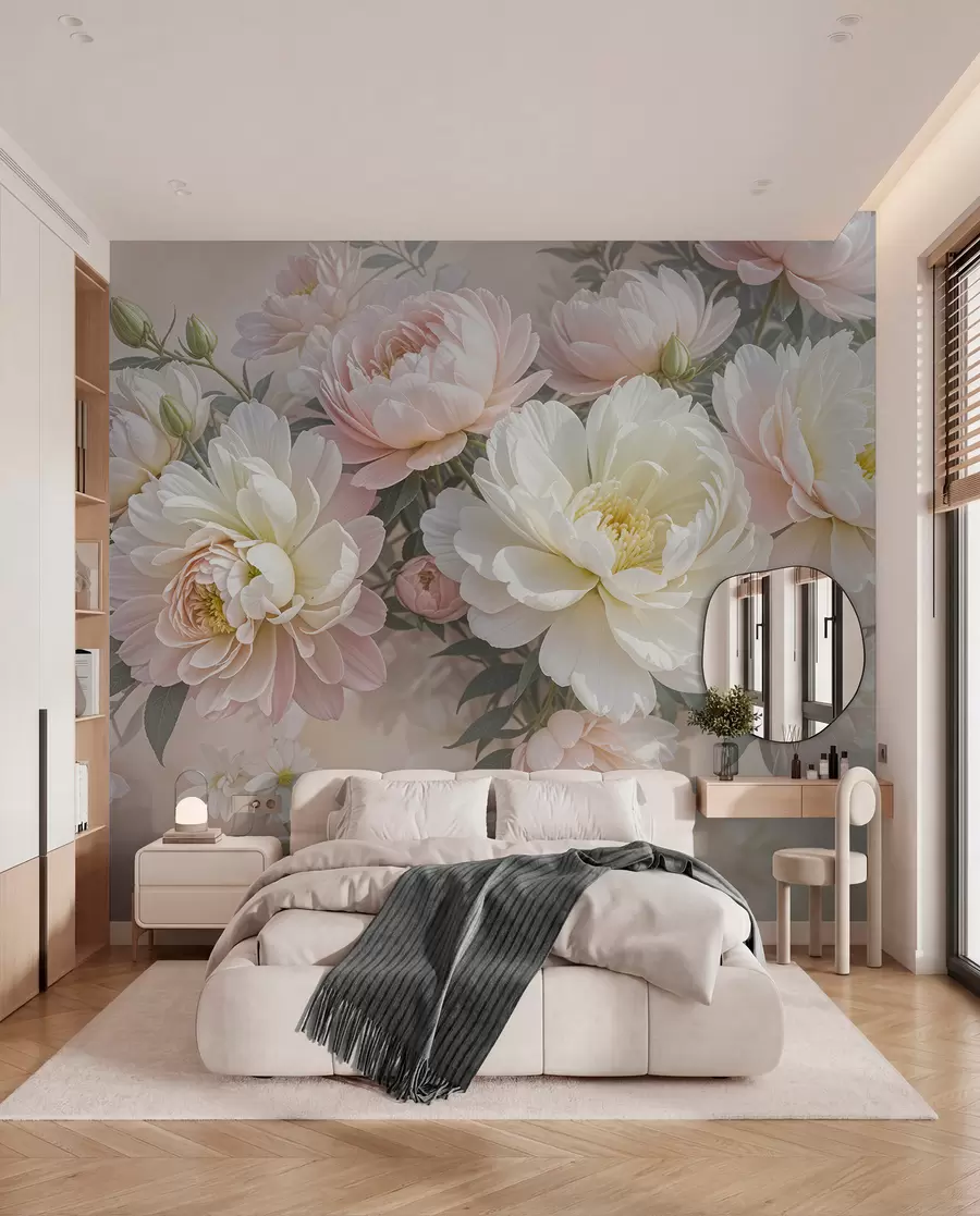Carta da parati Fiori grandi Un bouquet di peonie e altri fiori dai colori pastello su uno sfondo morbido e sfocato  n. w08276