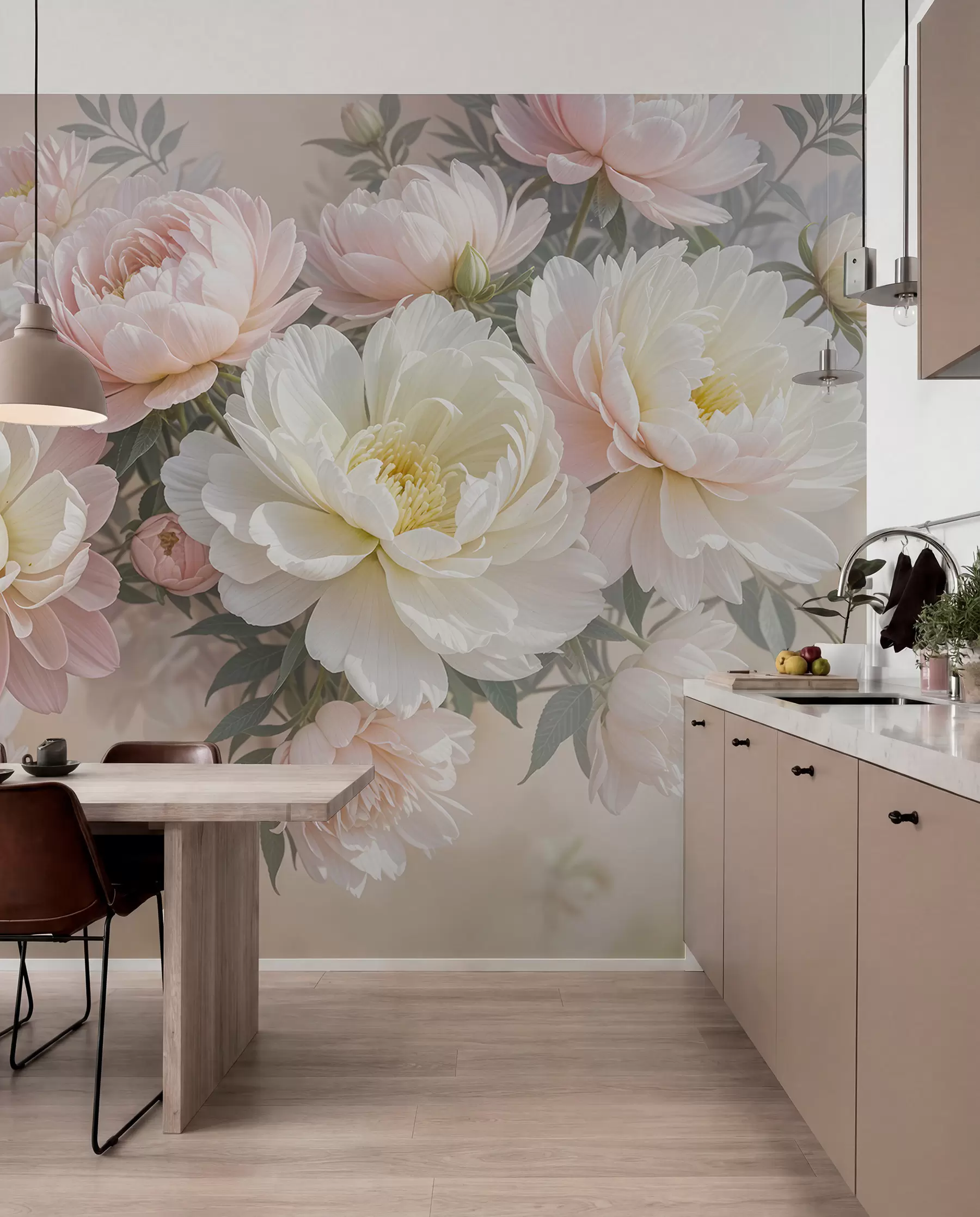 Carta da parati Fiori grandi Un bouquet di peonie e altri fiori dai colori pastello su uno sfondo morbido e sfocato  n. w08276