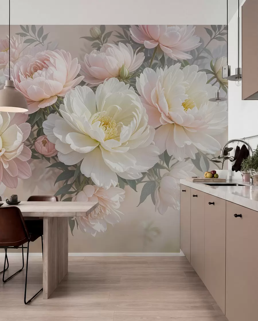 Carta da parati Fiori grandi Un bouquet di peonie e altri fiori dai colori pastello su uno sfondo morbido e sfocato  n. w08276