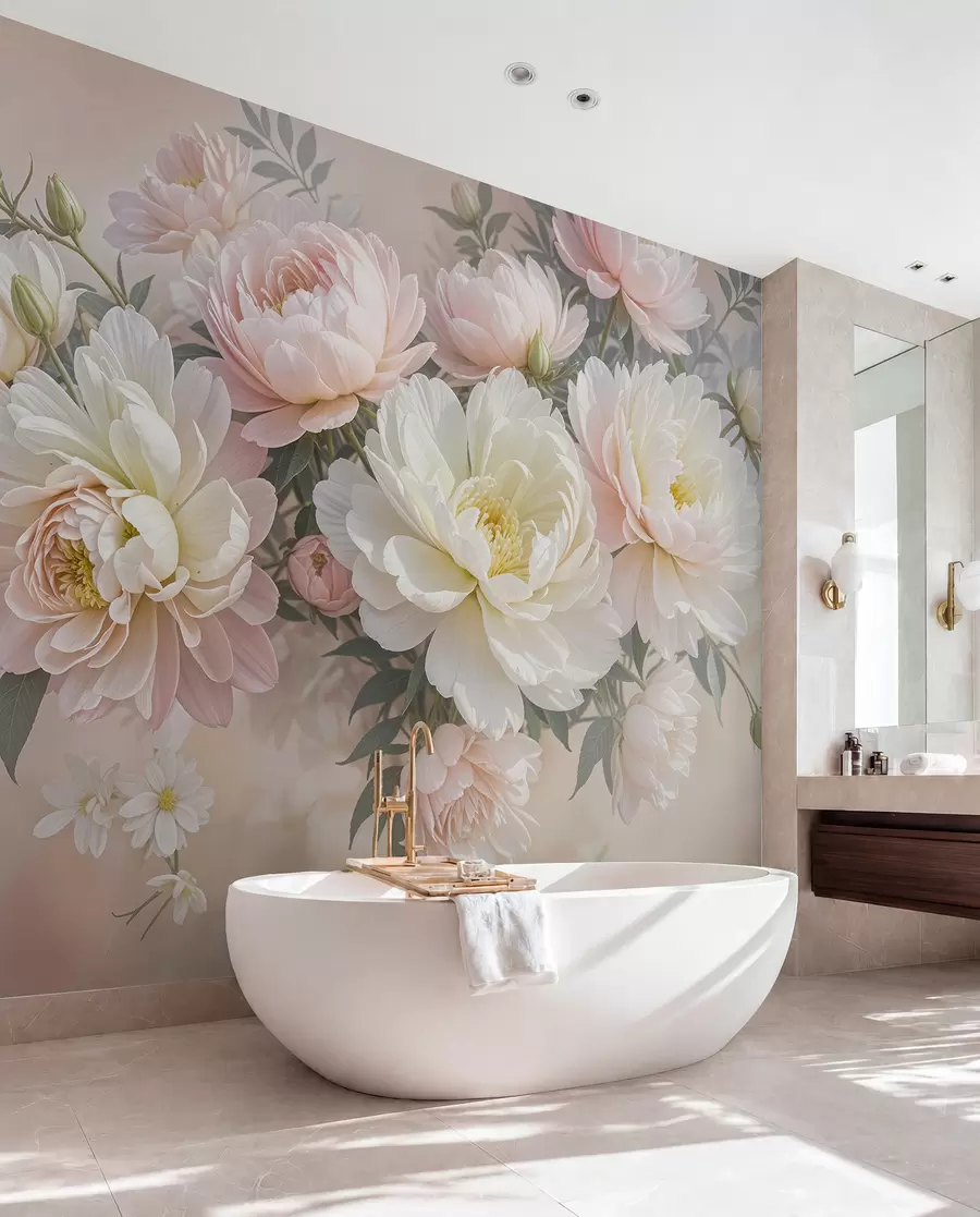 Carta da parati Fiori grandi Un bouquet di peonie e altri fiori dai colori pastello su uno sfondo morbido e sfocato  n. w08276