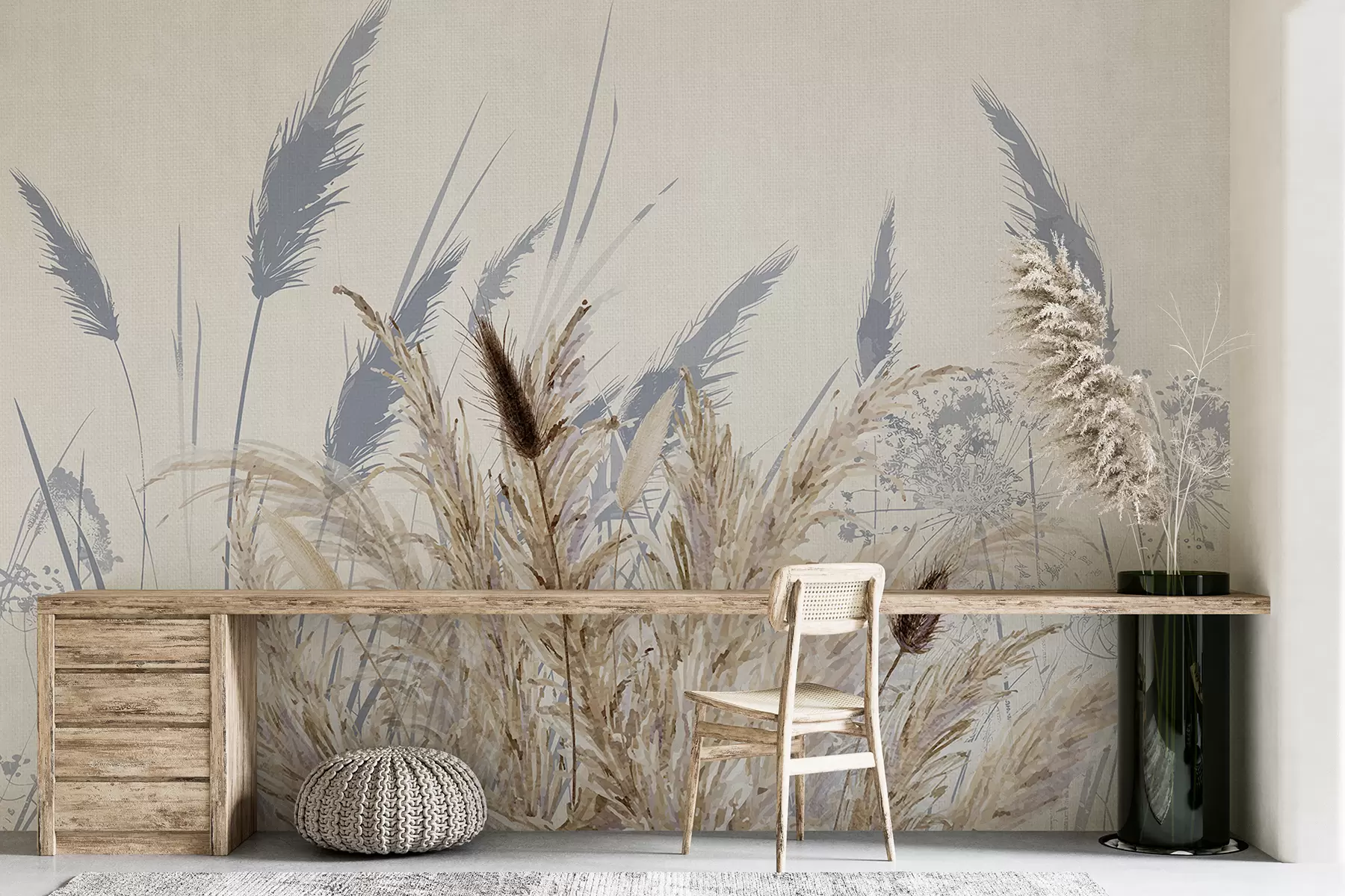 Carta da parati nature Alti steli di grano ed erba con soffici pennacchi bianchi su uno sfondo chiaro 